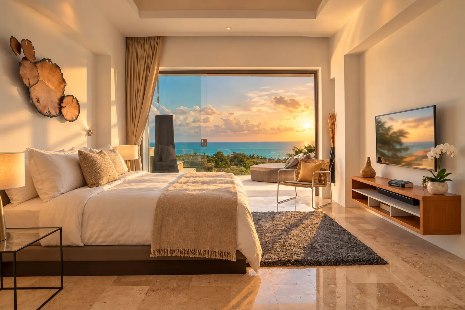 AI-staged lighting and linen on Aruna's real sea-view bedroom photograph