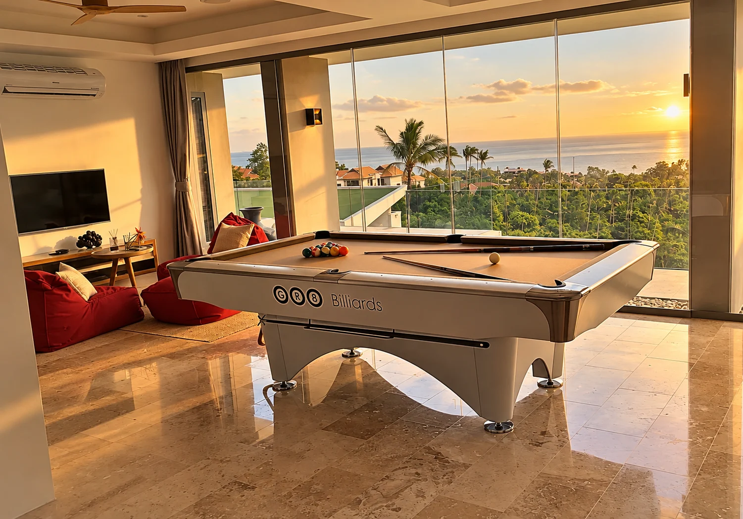 Warmly staged photograph of Aruna's real pool table and sea-view room