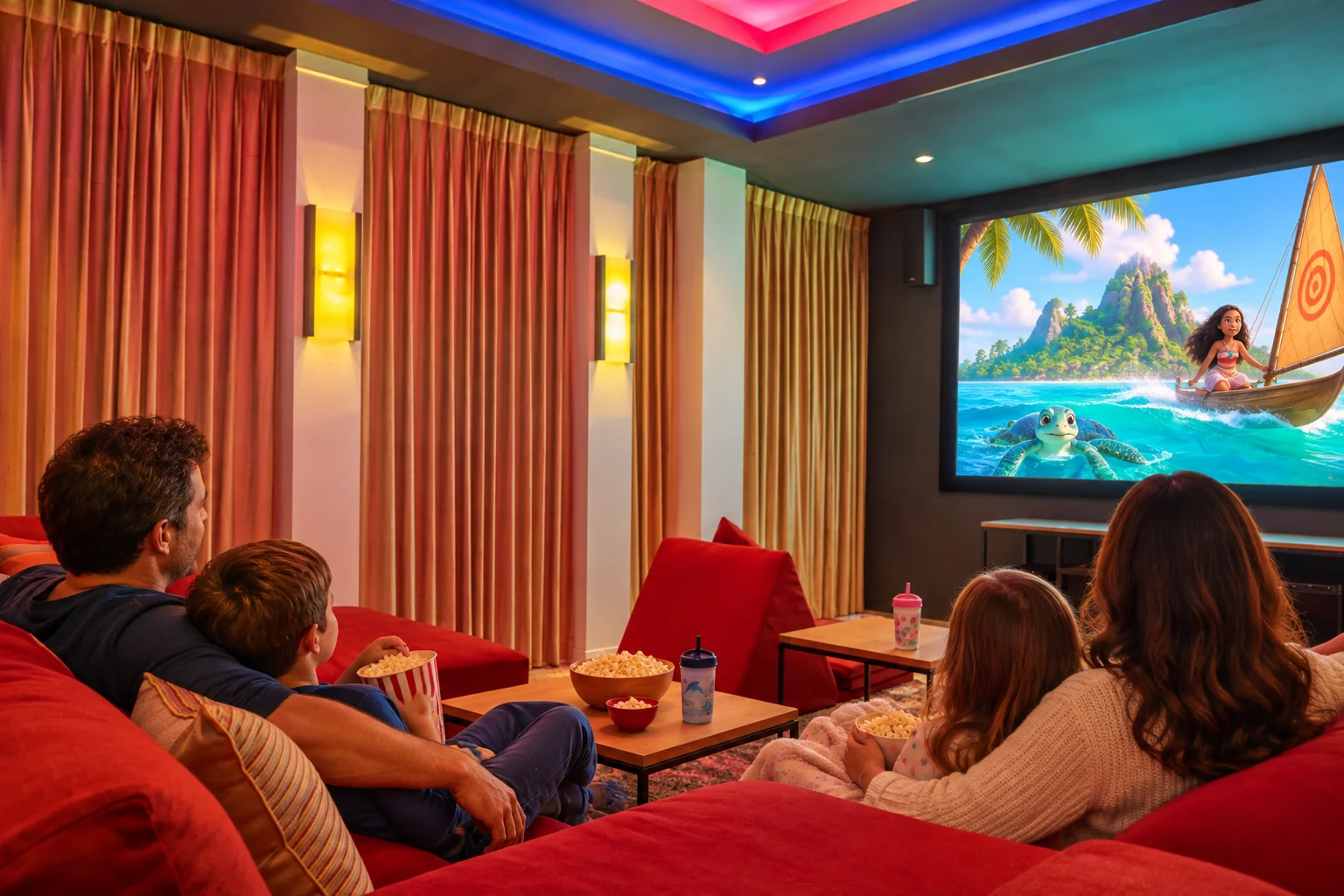 AI-staged family movie-night scene with fictional guests in Aruna's real private cinema