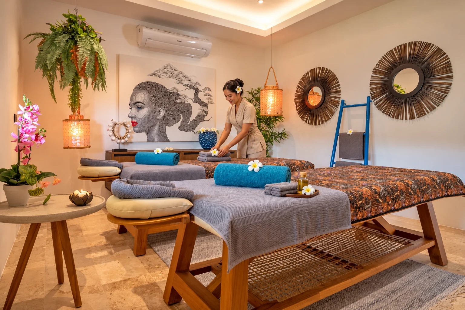 Illustrative therapist preparing Aruna’s real private spa room